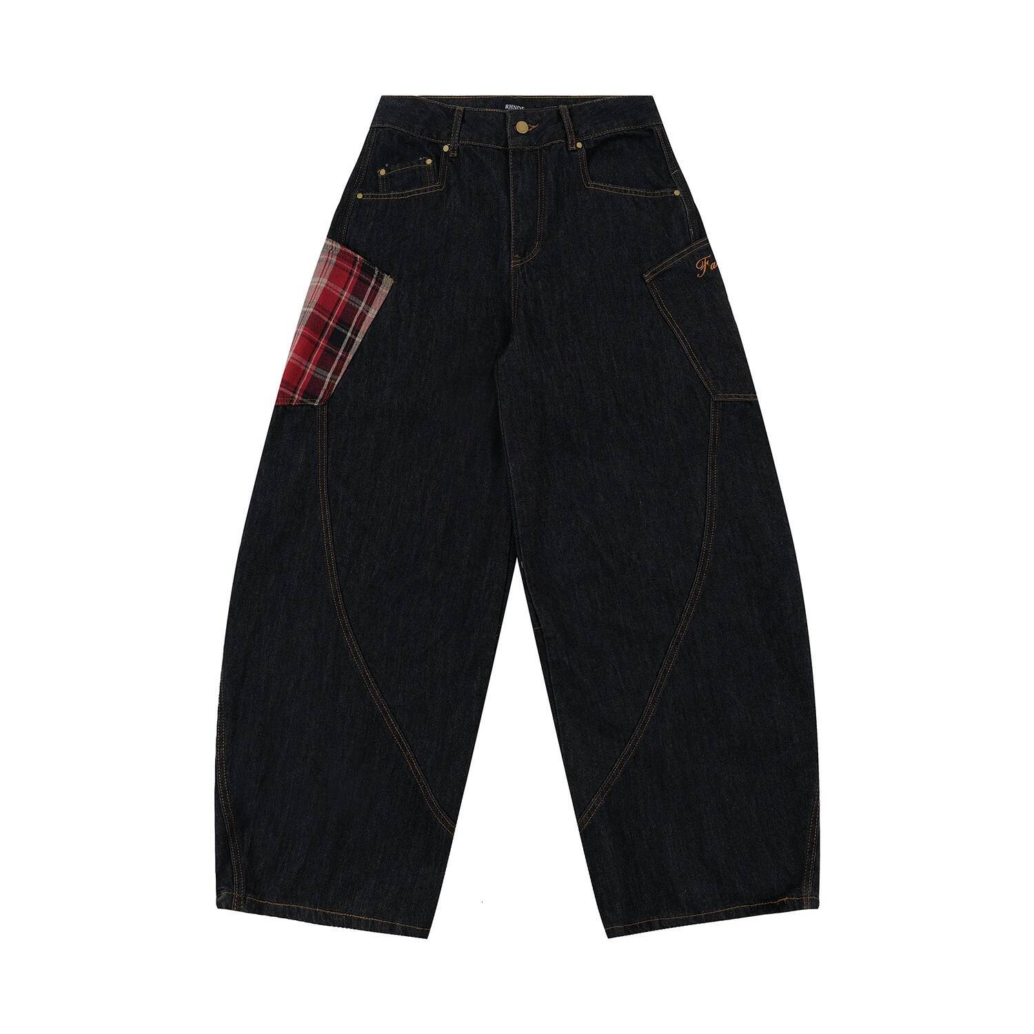 Scottish Plaid Splicing Arc Baggy Y2k Spring And Autumn New Streetwear Washed Oversized Straight Wide Leg Jeans 2024