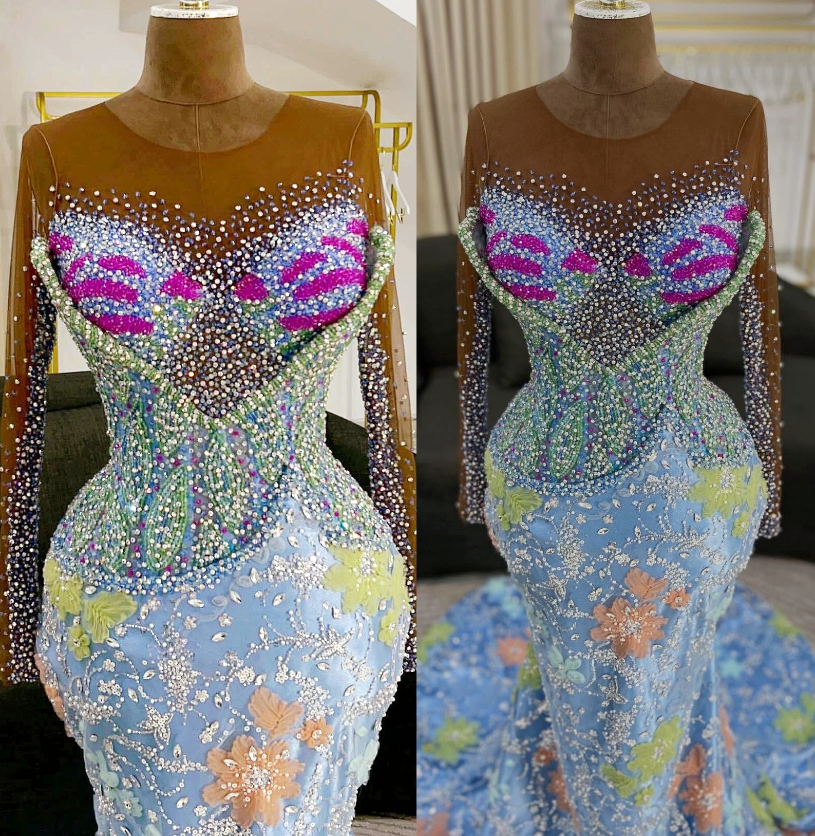 Mermaid Sky Blue Prom Dresses 2025 Crystals Beaded 3D Floral Lace Evening Formal Party Second Birthday Engagement Gowns Plus Size Dress For Special Oc