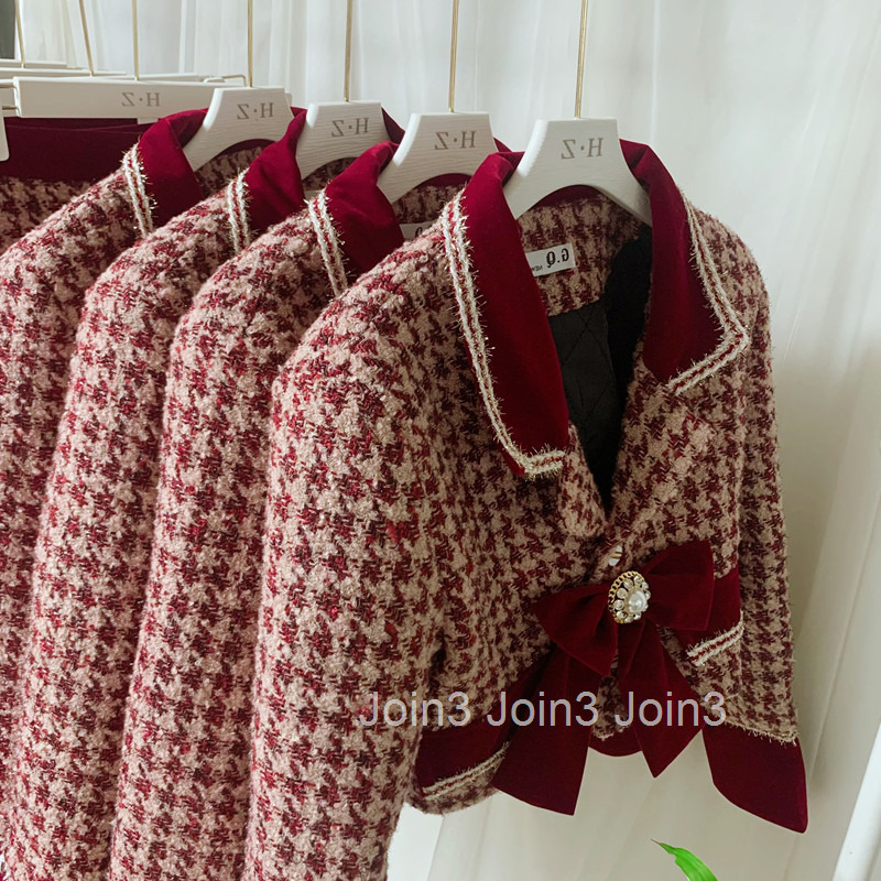 French Fragrance Set Womens Cotton Winter Joyful New Year Christmas Suit Coat Bow Half Skirt Two Pieces