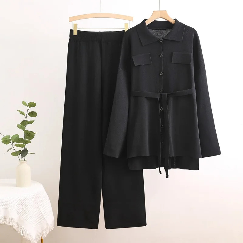 2 Piece Knitted Sets for Women Korean n Single Breasted Knitwears Sweater Cardigan Tops Suits High Waist Wide Leg Pants Outfit 250729