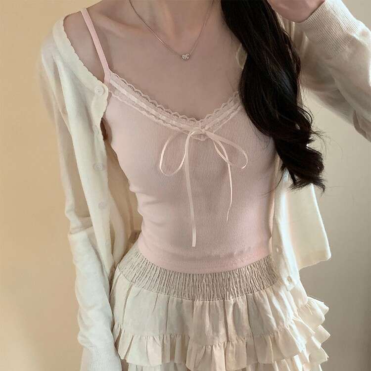 Designer T Shirt Pure Desire Lace Trim Camisole With Chest Pads For Women, Sweet And Spicy Bowknot Short Top For Inner And Outer Wear