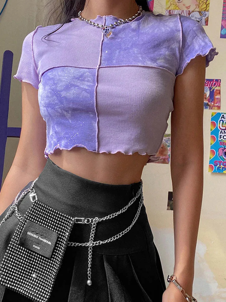 Chic Crop Tops Tees Tie Dye With Sequin Patchwork Women Summer Tshirts Ruffles Hem Purple Or Bule Clothes 250724