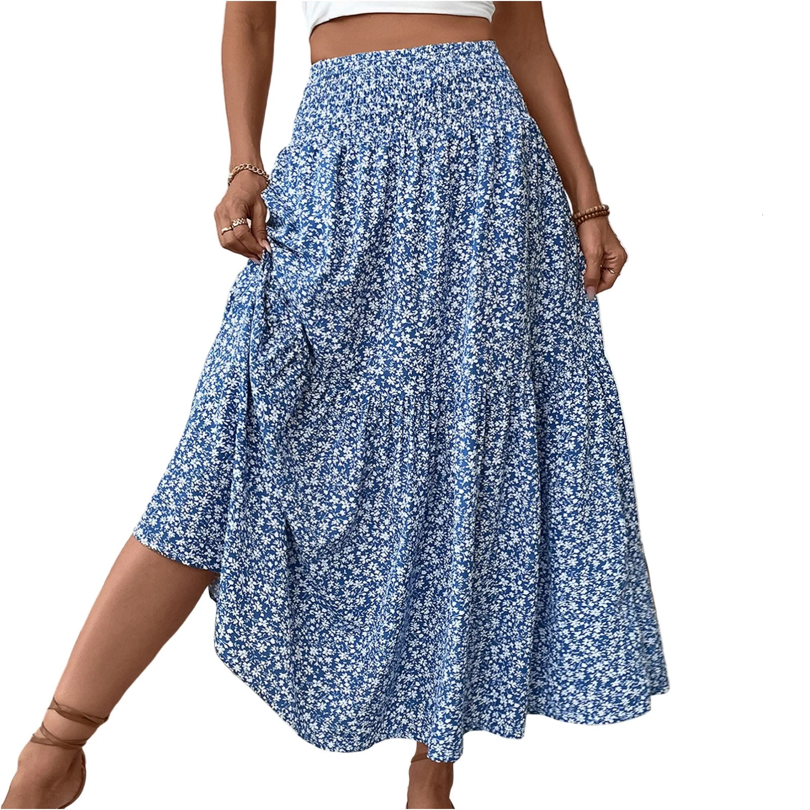 Womens Fashion Pleated Floral Print Elastic Waist Loose Splicing A Line Skirt Skirts for Women Women 250729