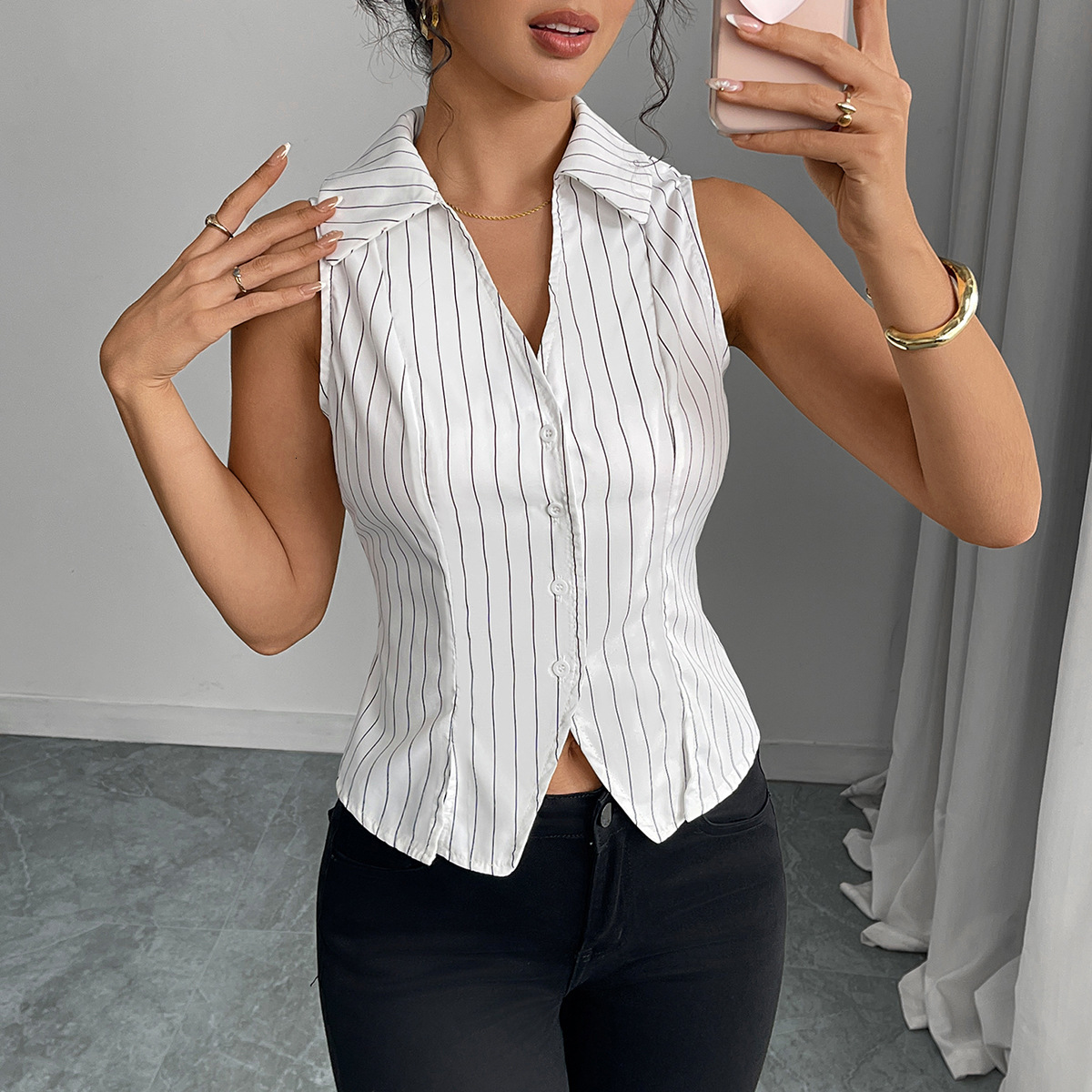 Womens clothing 2025 summer new style temperament striped sleeveless shirt slim fit shirt cardigan top