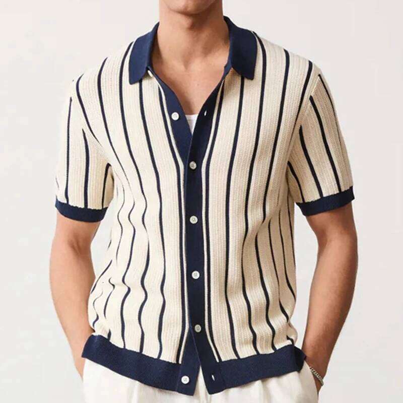 Designer Clothing 2025 New Men Cardigan T-Shirt Hollow Out Striped Knit Polo Shirt Casual Button-Down High Quality Streetwear Fashion Leisure Knitwear