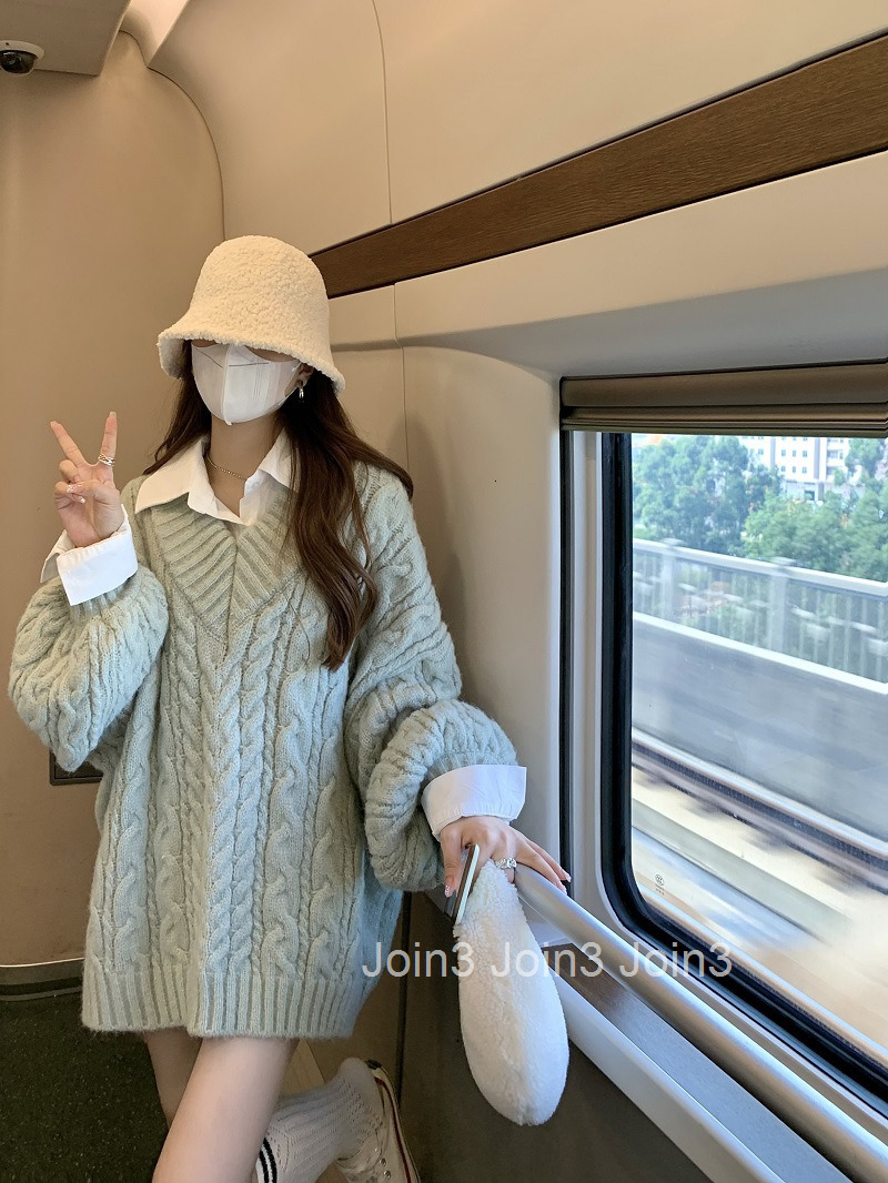 Autumn Winter Outfit Hot Girl Lazy Style V-Neck Gentle Korean Version Casual Loose Pullover Long Sleeve Sweater Mid-Length Women