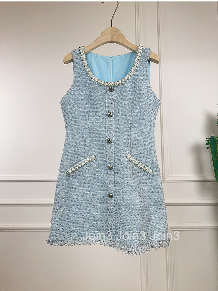 Summer New French Style Pearl Embellished Round Neck Slim Fit Sleeveless Tank Dress Short Skirt