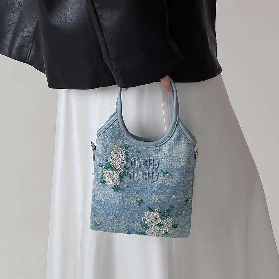 Embroidered Denim Tote for Women 2025 New Handbag Fashionable High-end Shoulder Crossbody Bag