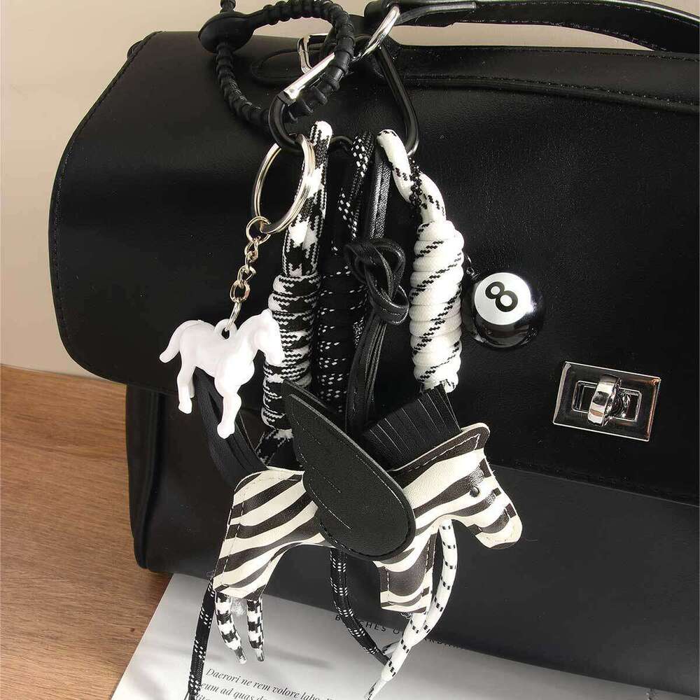 MIU Series Cute Leather Little Pegasus Pony Black Eight Braided Rope Keychain High-end Bag Pendant Minimalist DIY