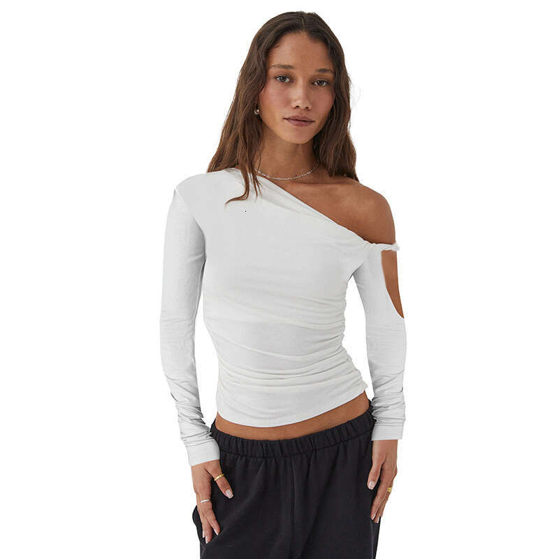 Y24tp482 Women's Autumn New Solid Color One-Shoulder Asymmetrical Ruched Sexy Long Sleeve Top B5