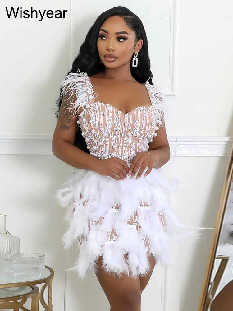 New Elegant Pearl Feather Strap Bodycon Midi Dress Sexy Night Club Party Wedding Guest Evening Women Birthday Clothing Z250728