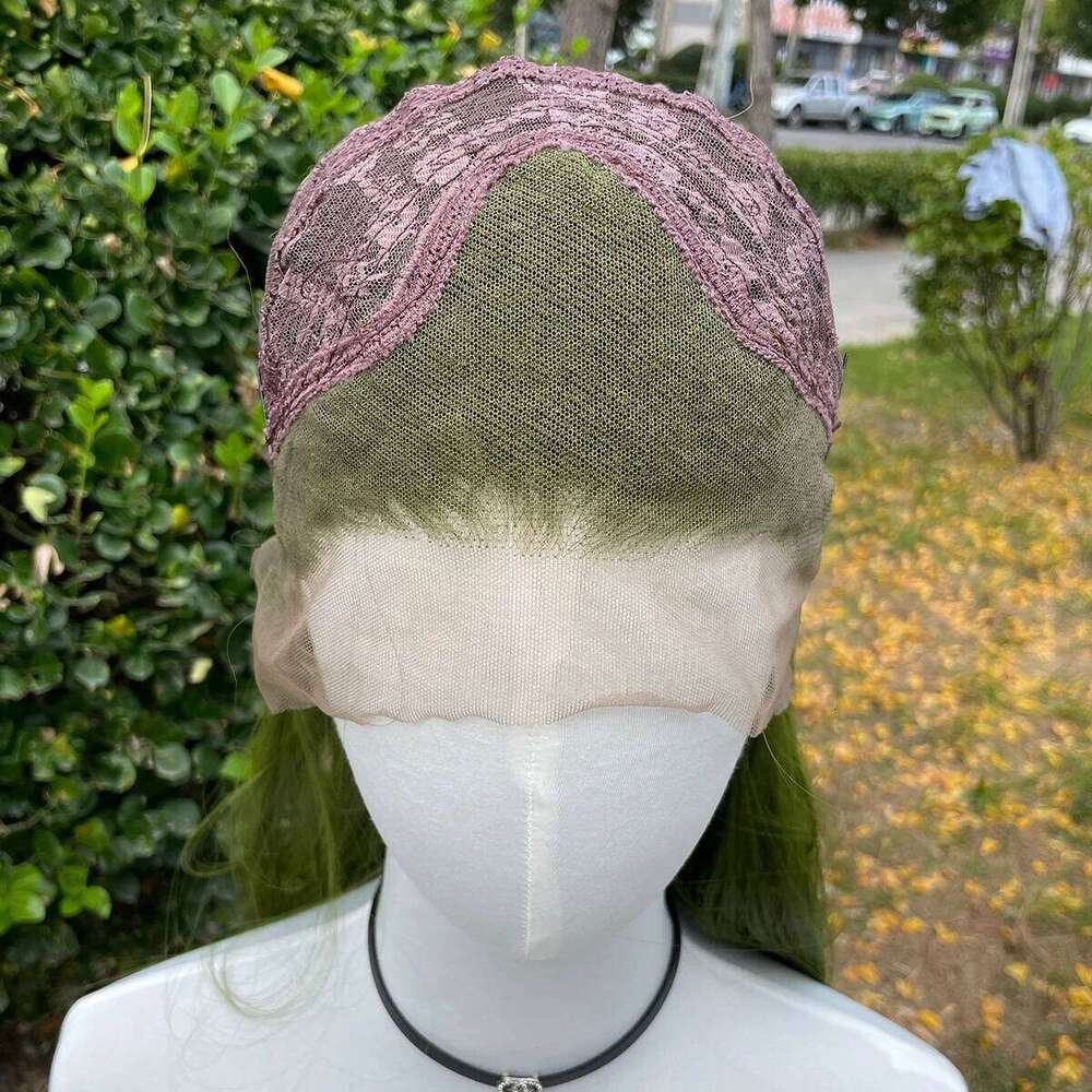 Green 13X4 Synthetic Front For Women 26 Inch Long Sliky Straight Lace Wigs Half Hand Tied 150% Density Glueless