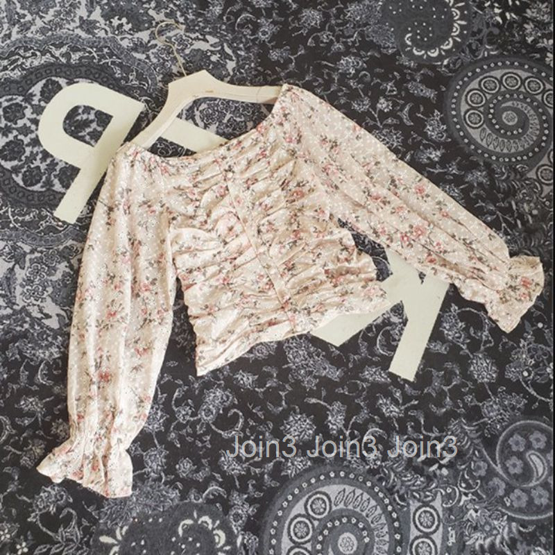 Summer New Anti-Sun Shirt Small Floral Blouse Elastic Short Top Ruffled Chiffon Blouse