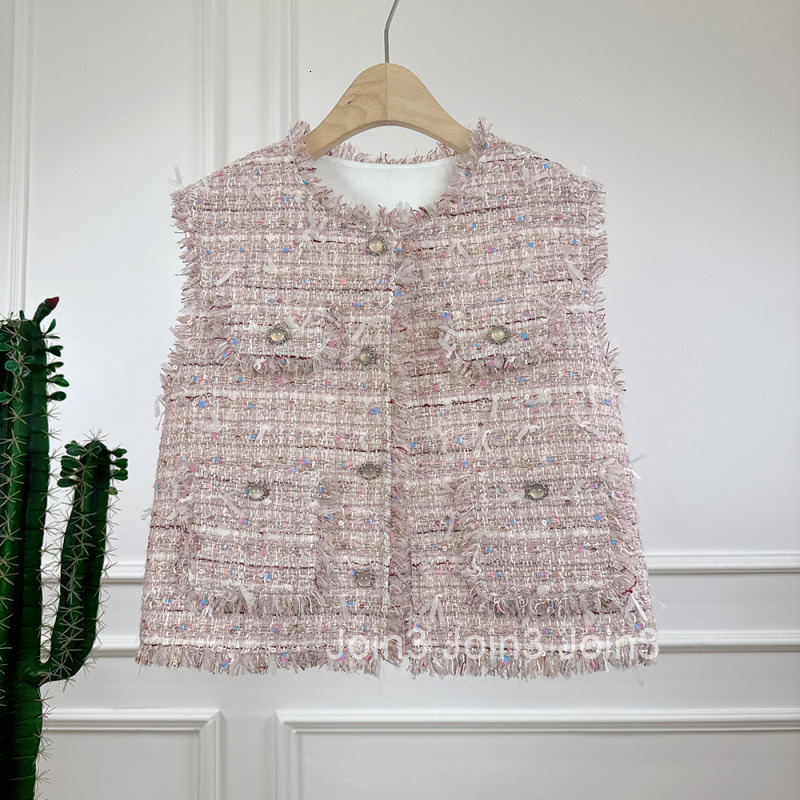 2025 Spring New Small Fragrance Style Pink Blue Sequin Heavy Craft Socialite Light Luxury Age-Reducing Versatile Commuting Business Vest for Women