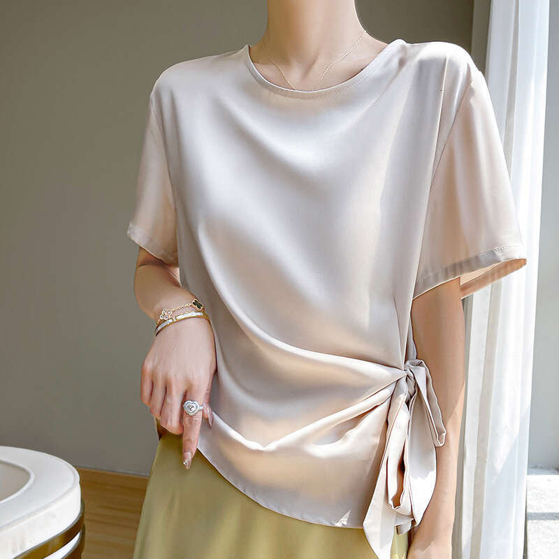 sxzy Non-Acetate Satin Design T-Shirt New Waist-Cinching Bow Short Sleeve Top Women's Summer High-End Korean Style