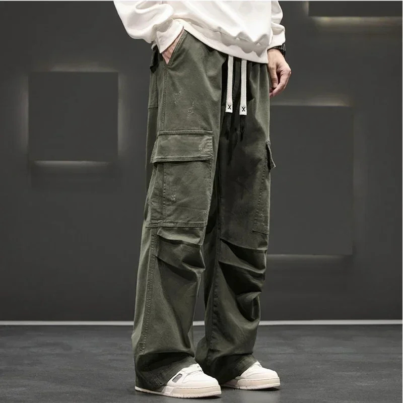 Autumn Wide Leg Pocket Cargo Pants Men Trousers Neutral Loose Casual Cotton Straight Outdoor Fashion Big Size 8xl 250717