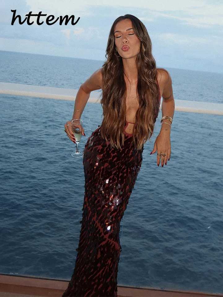 Sexy Hollow Out Sequined Long Party Dress Women V-neck Sleeveless Backless Sling Dresses 2025 Summer Lady Beach Holiday Dresses Z250728