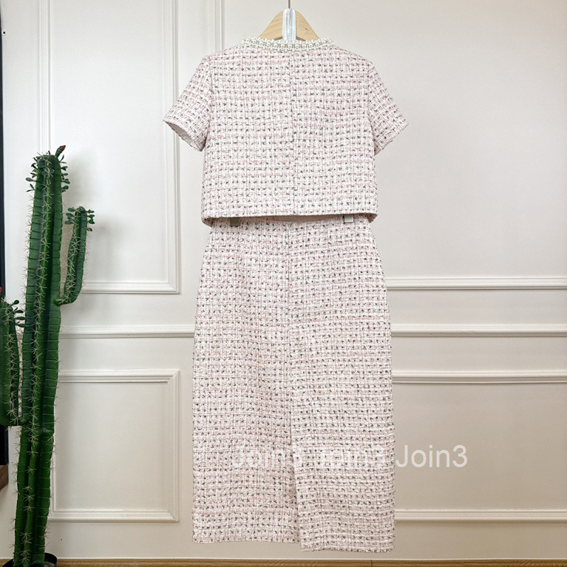 Summer New French Style Elegant Short Sleeve Top Short Beaded Knitted Cardigan Bodycon Skirt Set