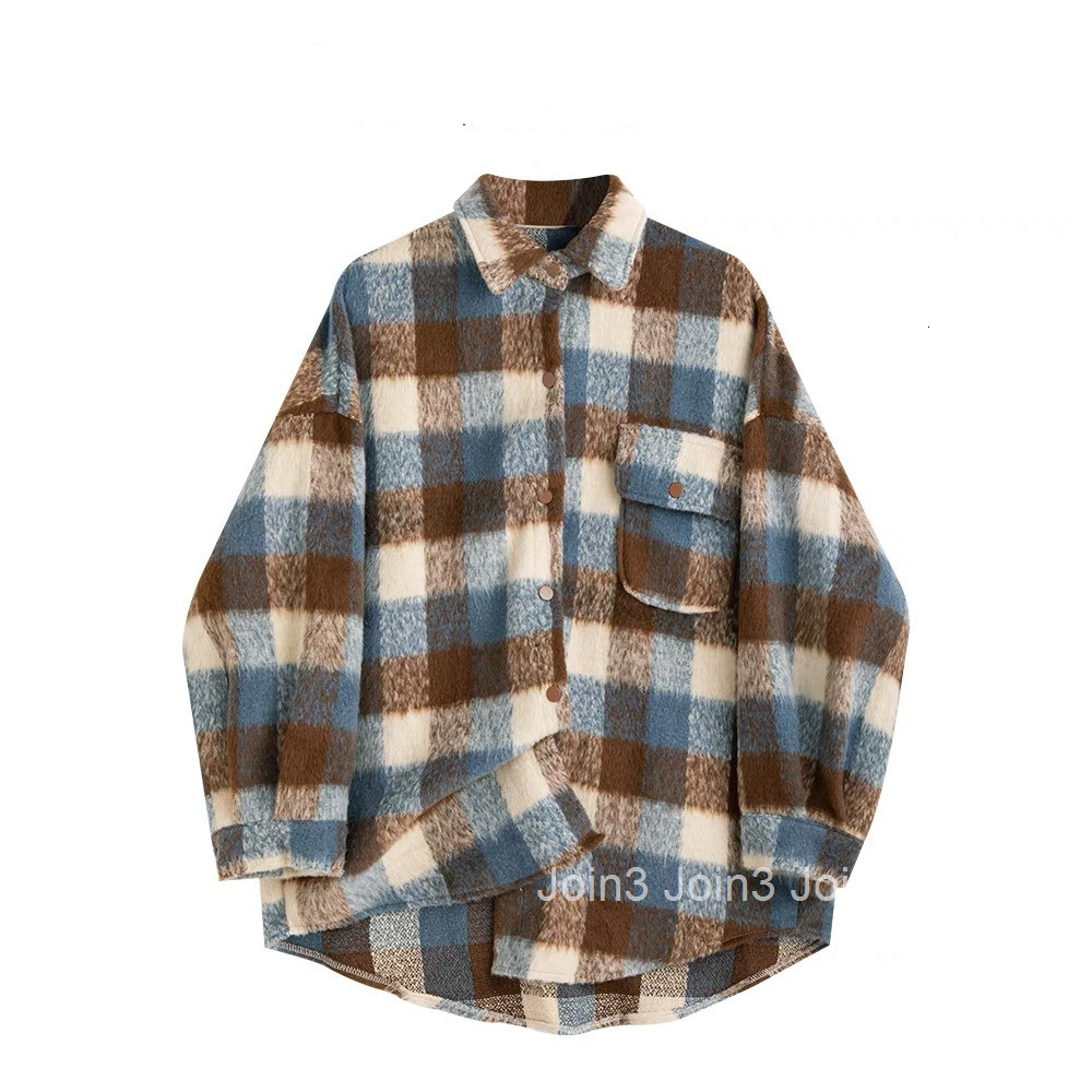Autumn Winter New Socialite Plaid Lazy Loose Thick Long Sleeve Jacket Woolen Coat Womens Mid-Length Coat