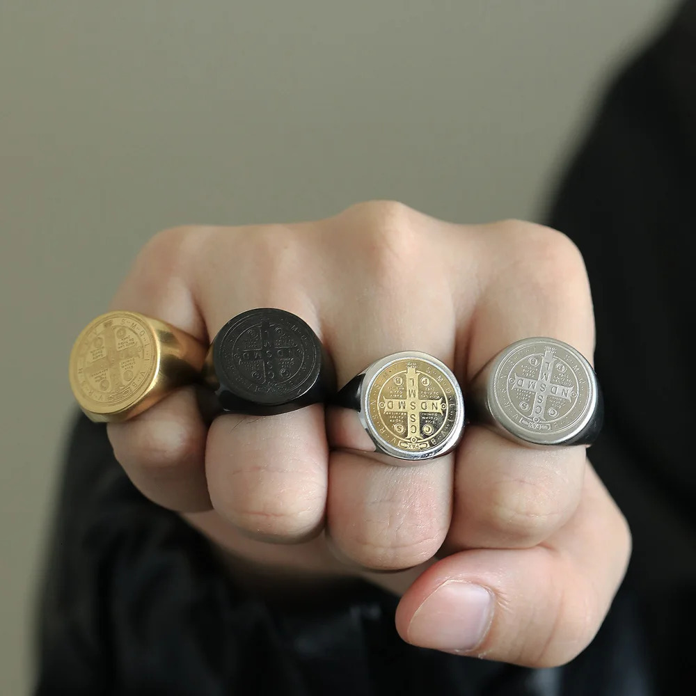 St. Benedict Cross Steel Ring PVD Black Coated Religious Jewelry Christian Gift Gothic Mens Ring Symbol Accessories 250729