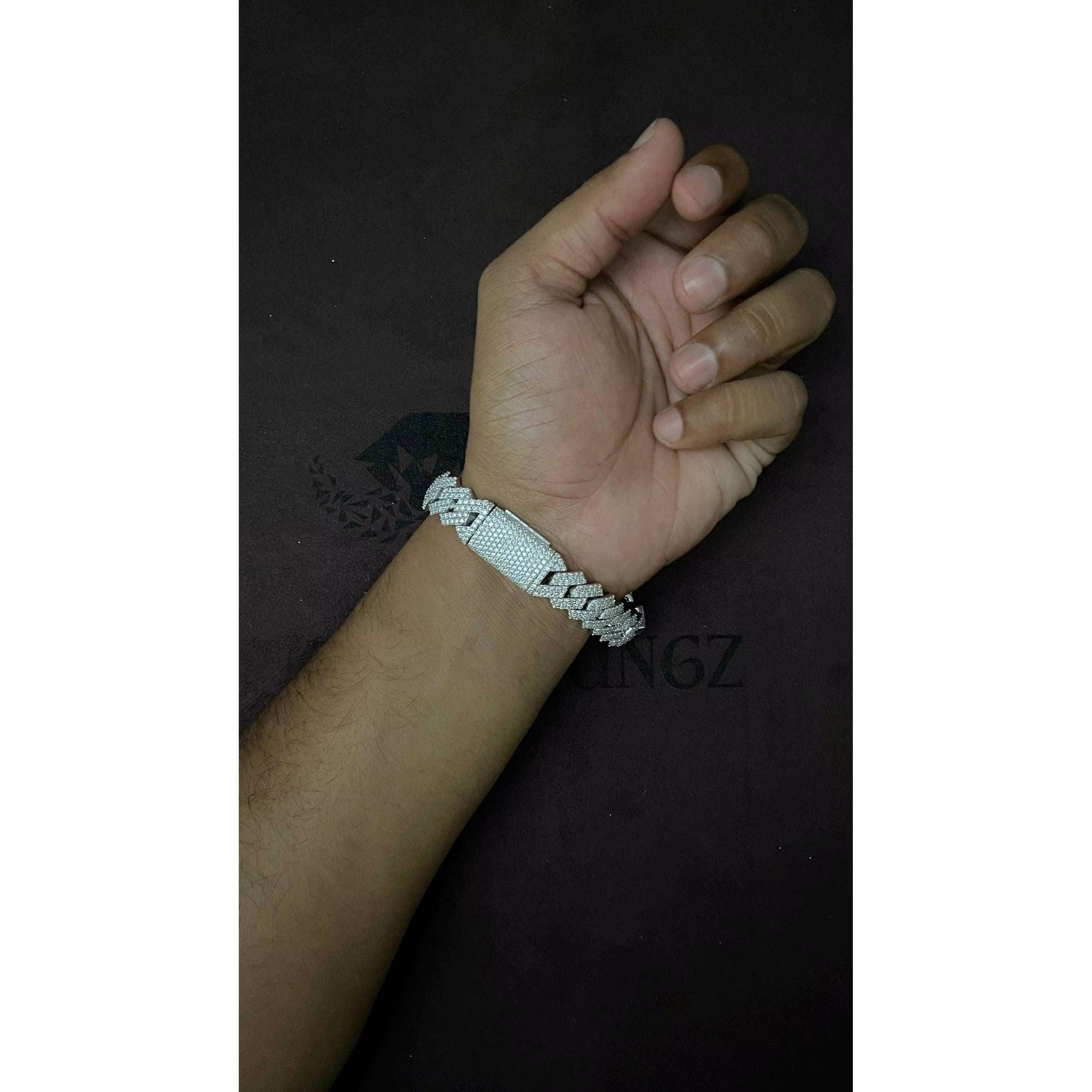 Solid 925 Sterling Silver 14mm Prong Cuban Link Bracelet with VVS Moissanite Diamonds Passes Diamond Tester