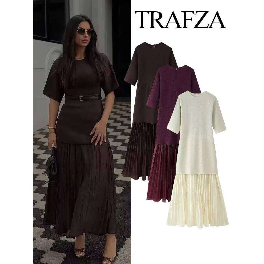 Women Elegant Half Sleeves O-Collar Pleated Spring Woman Rear Zipper Splicing Vintage Casual Knitted Long Dress