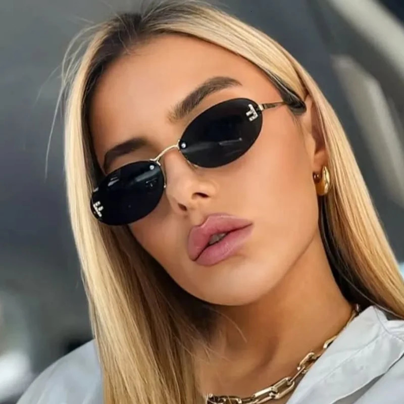 Diamond Letter F Rimless Sunglasse Metal Frame Black Small Oval Sun Glasses Unsiex Elegant Shades UV400 250729 - view 4