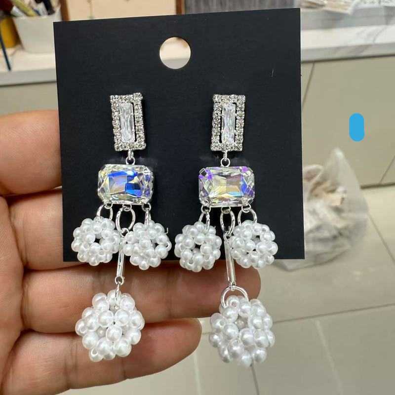 Luxury Designer Asymmetrical Pearl Crystal Drop Earrings Sparkly Zircon Silver Plated Bridal Party Statement Earrings