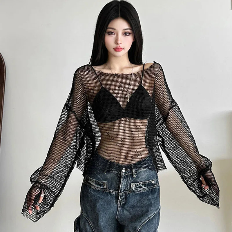 Sexy Club Mesh See Through T-Shirt Women Black Hollow Out Long Sleeve Tees Female Summer Fashion Streetwear Basic Y2K Tops Lady 250725