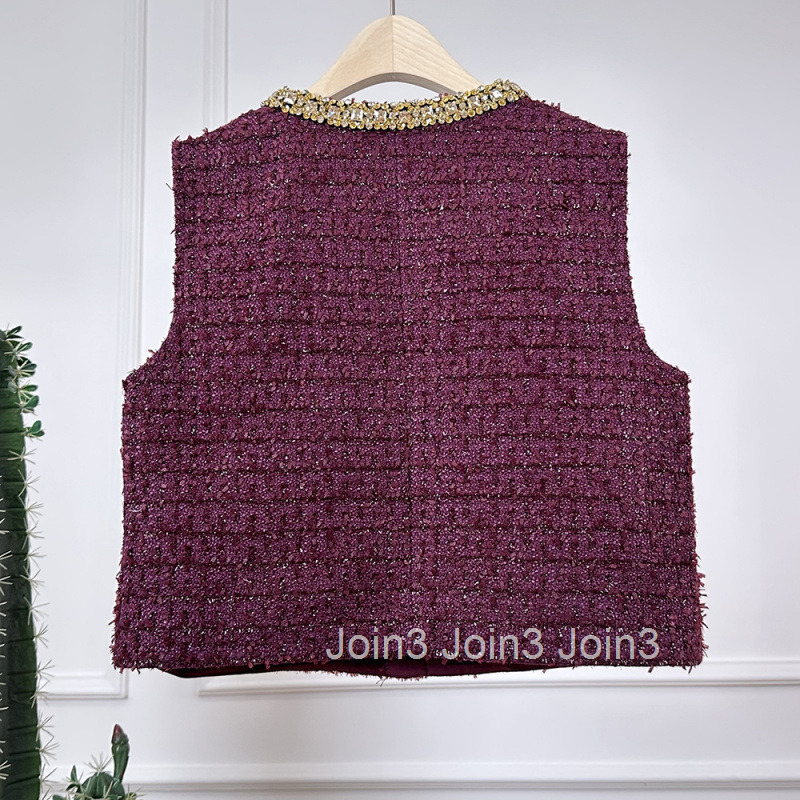 New Heavy Craft Small Fragrance Style Short Vest Womens Top Gentle Fashion Age-Reducing Round Neck Rhinestone Vest Jacket Women