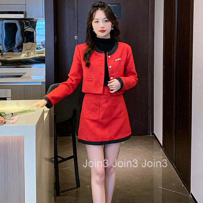 Fashion Petite Height-Enhancing Festive Red Outfit for Women Autumn Winter Tweed Jacket and Skirt Two-Piece Internet Celebrity