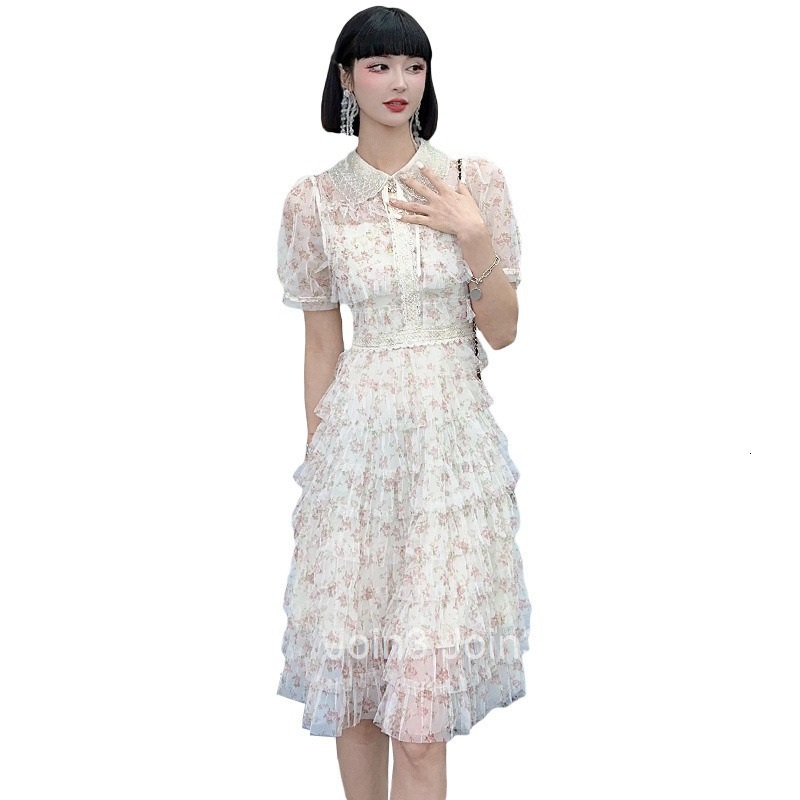Summer Womens New French Heavy Craft Fashion Floral Cake Dress Short Sleeve Dress Midi Dress