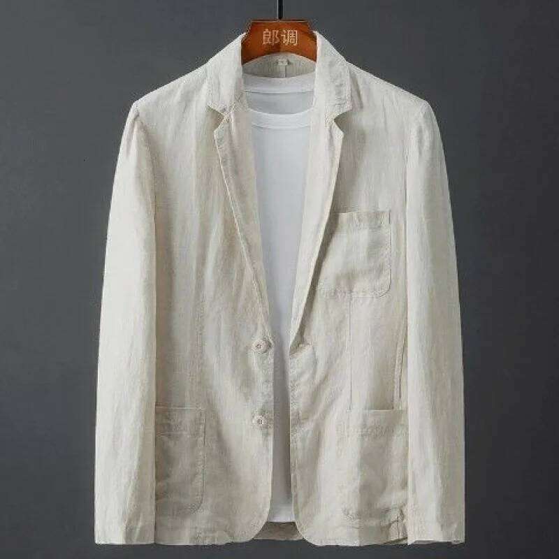 White Cotton Linen Suit Coat Men's Spring Summer Pure Color Slim Casual Business Thin Mens Blazer Jacket Comfortable Breathable