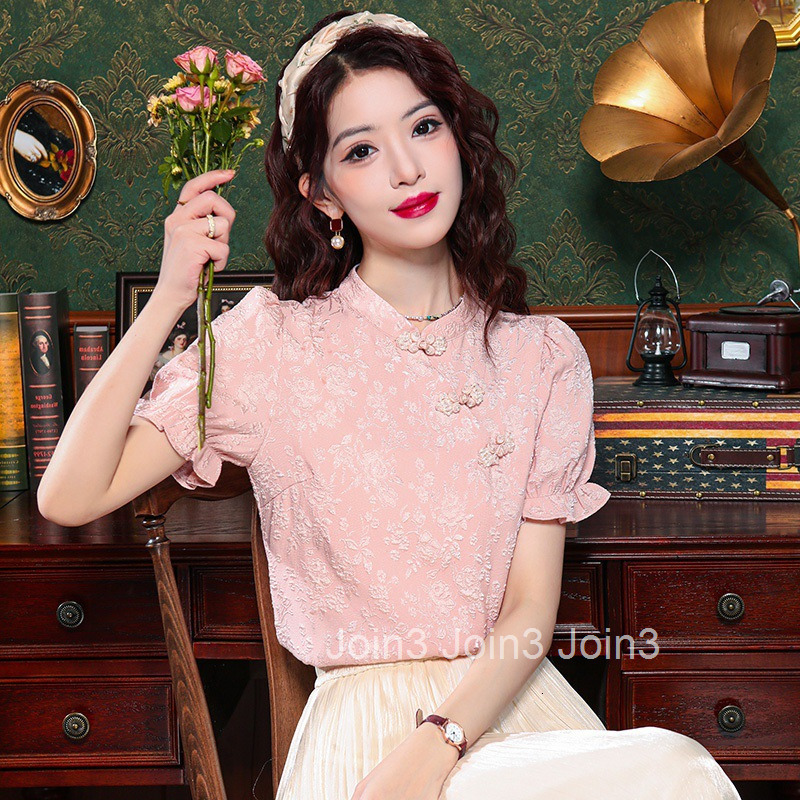 Summer New Chinese Style Jacquard Stand Collar Unique Blouse Elegant National Style Button Short Sleeve Shirt Top
