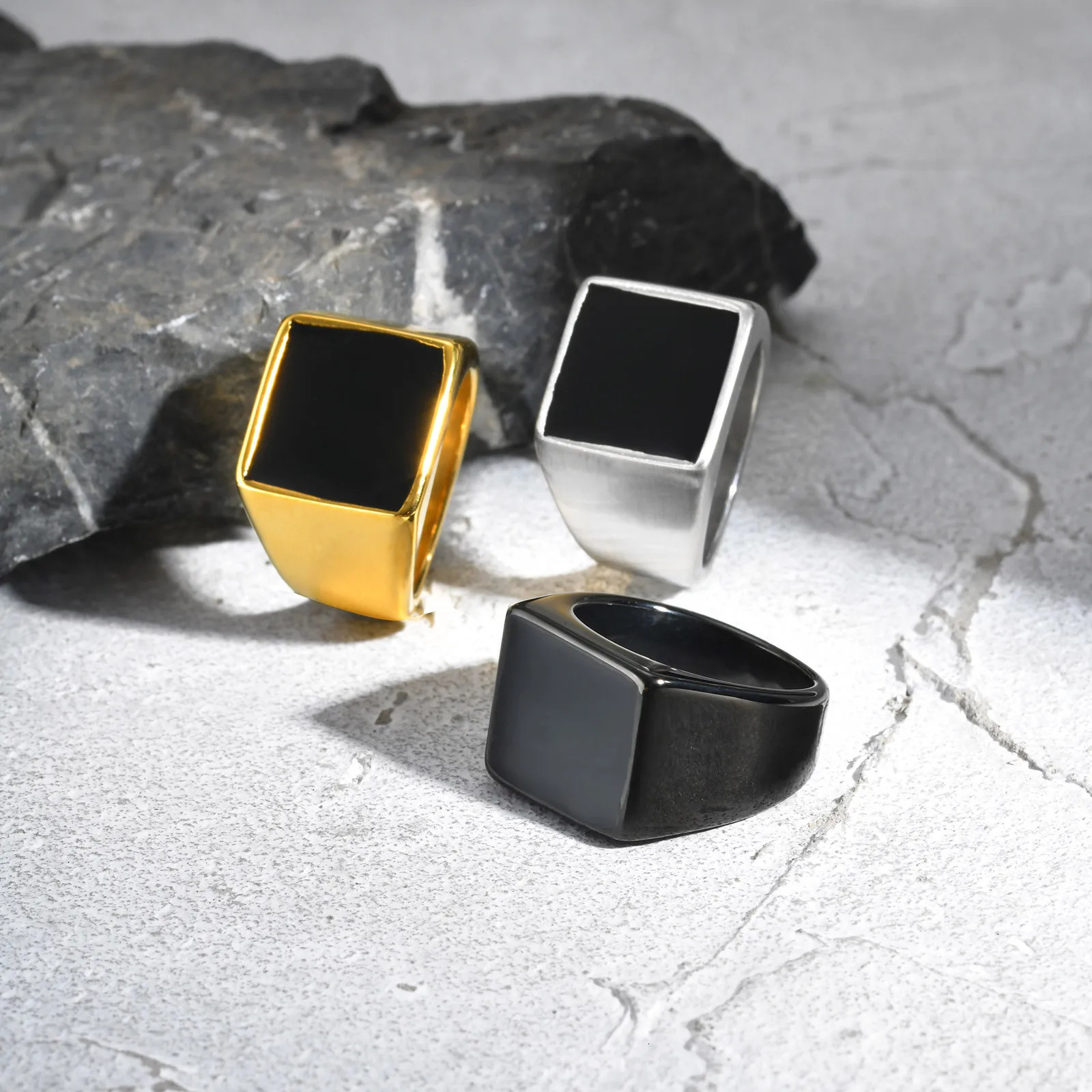 Square Signet Ring for Men BoysWaterproof Stainless Steel Finger Band RingGothic Punk Rock Jewelry Gifts 250729