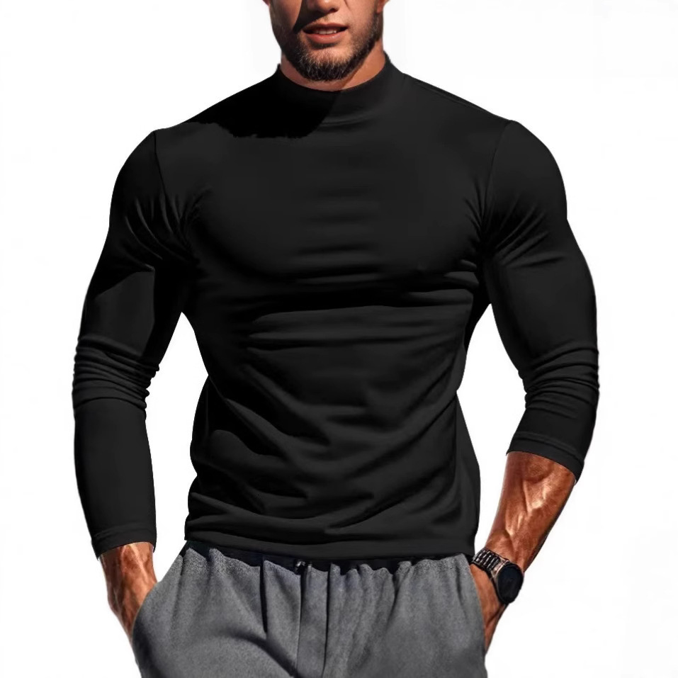 Mens Autumn Winter Thermal Pure Long Sleeve T-Shirt Knitted Base Shirt Slim Fit Half High Collar Mens Top