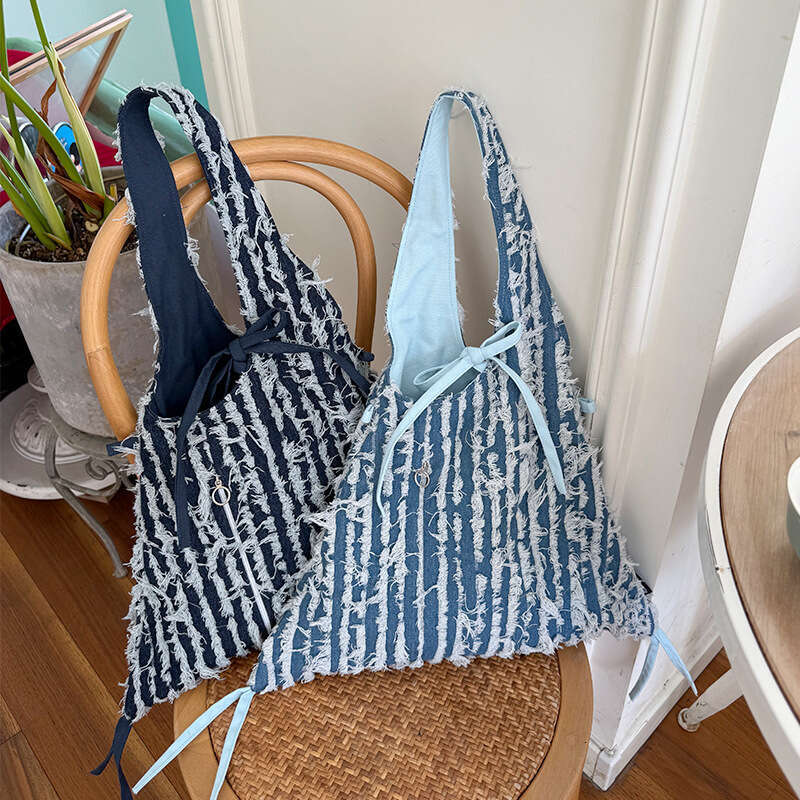 Spring New Dark Light Blue Striped Tassel Denim Fashion Versatile Design Sense Shoulder Bag for Work Commute