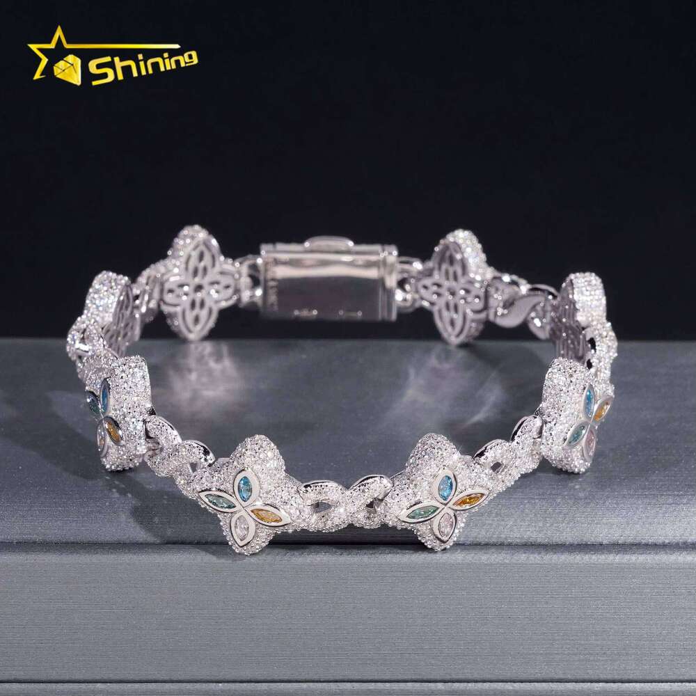 Luxurious Iced-Out Hip-Hop Moissanite Sier Cuban Chain Trendy Colorful Flower Clover Bracelet