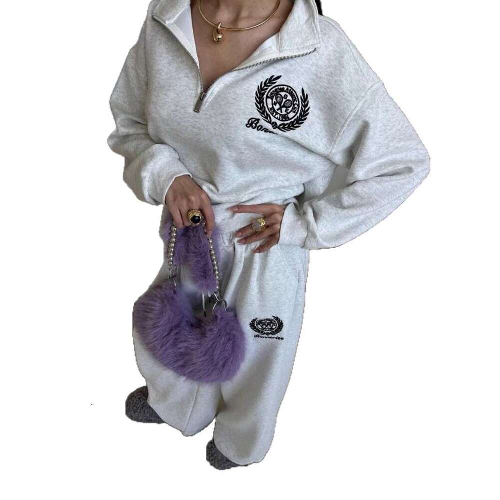 2025 Summer New Heavy Embroidery Half-Zip Long Sleeve Top Wide-Leg Pants Slimming Two-Piece Set for Women