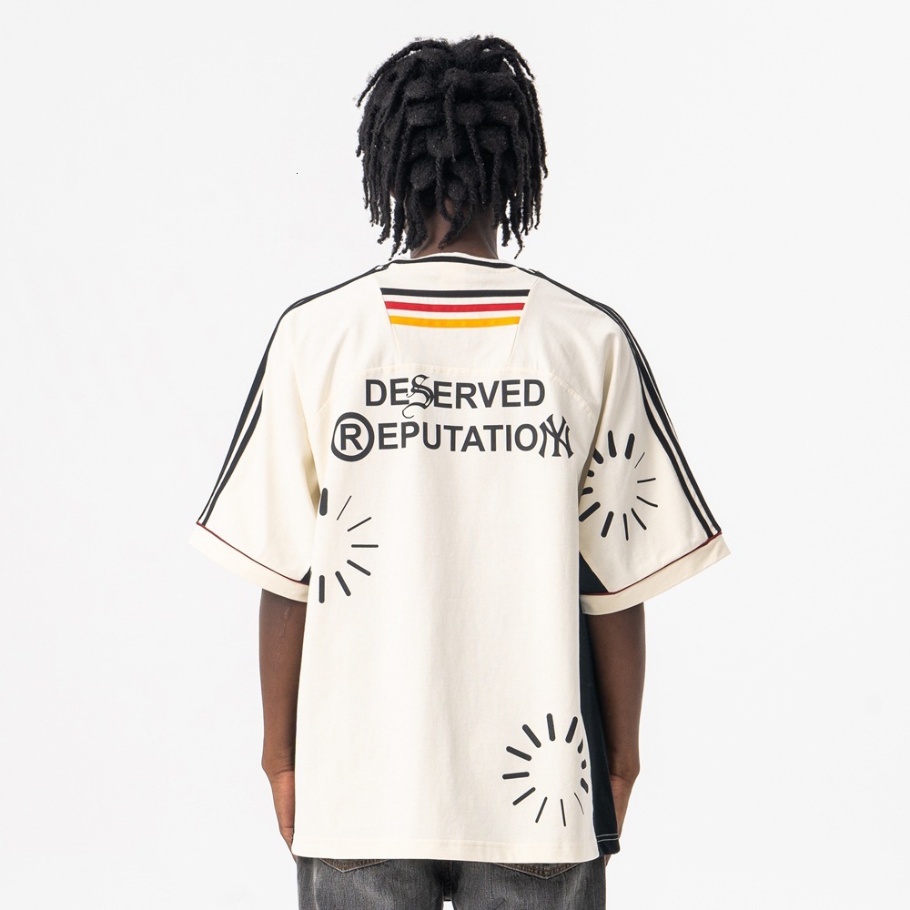 Lanhai Mens Clothing 2025 Spring Summer New Trendy Brand V-Neck Striped Loaded Print Sports Short Sleeve T-Shirt for Men