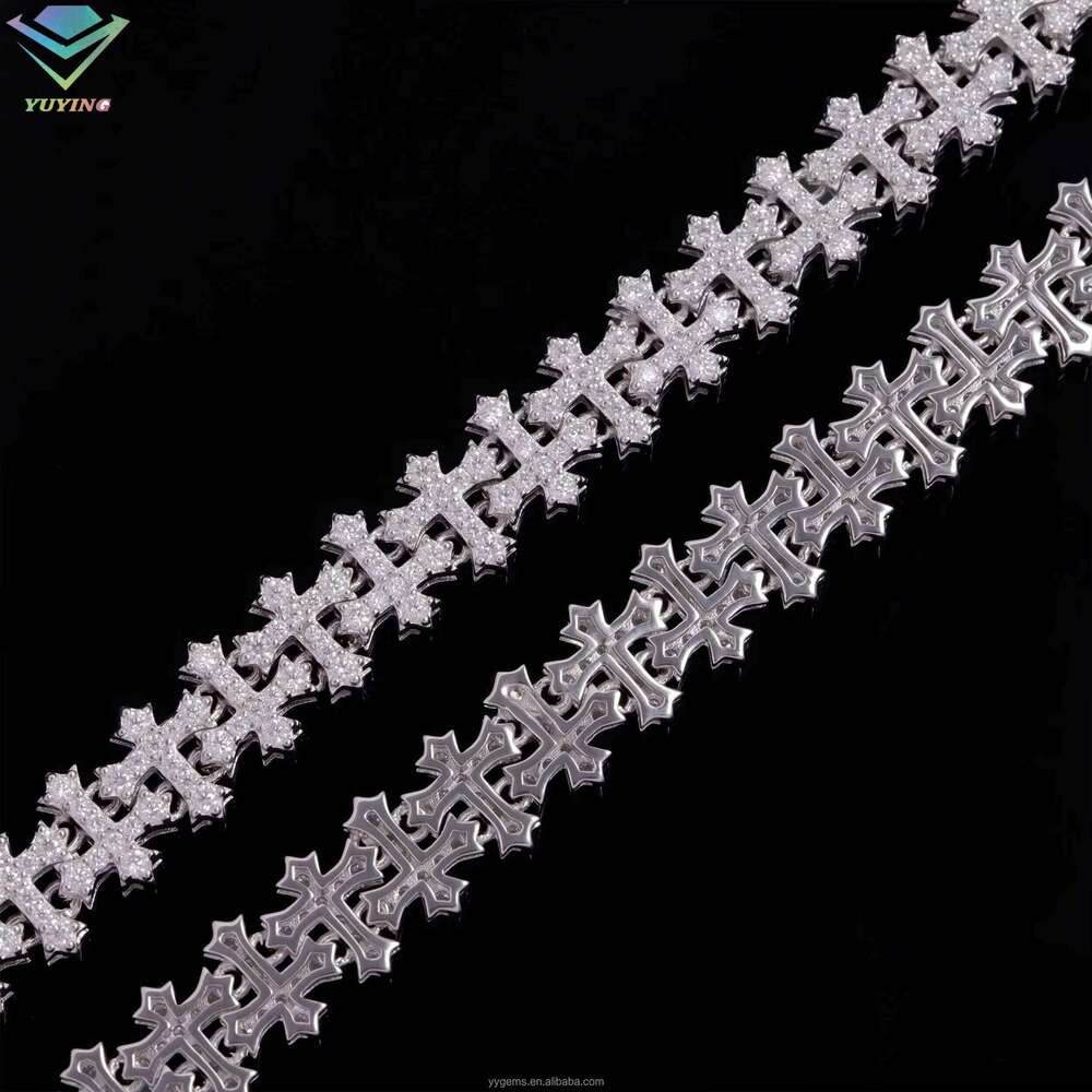 RTS Cross in Stock Hip Hop Moissanite Sier Religious Jewelry Dia Cuban Link Chain Bracelet