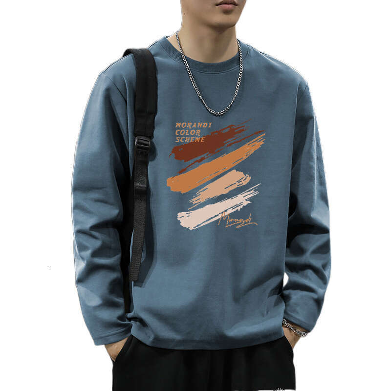 Designer T Shirt Spring And Autumn 200G Heavyweight Combed Cotton Long Sleeve T-Shirt Men's Trendy Brand Printed Loose Plus Size Autumn Inner Lay