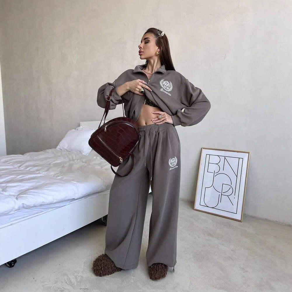 2025 Summer New Heavy Embroidery Half-Zip Long Sleeve Top Wide-Leg Pants Slimming Two-Piece Set for Women