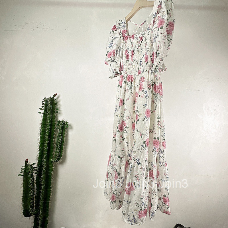 Summer New Puff Sleeve Waist-Cinching Long Dress Niche Korean Style Floral Dress Ruffled Low Neck Short Sleeve Dress