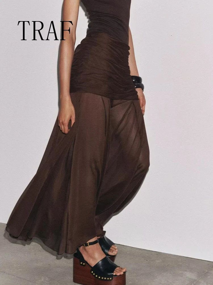 TRAF European and American style summer fashion womens clothing temperament slim simple translucent pleated n skirt 250729