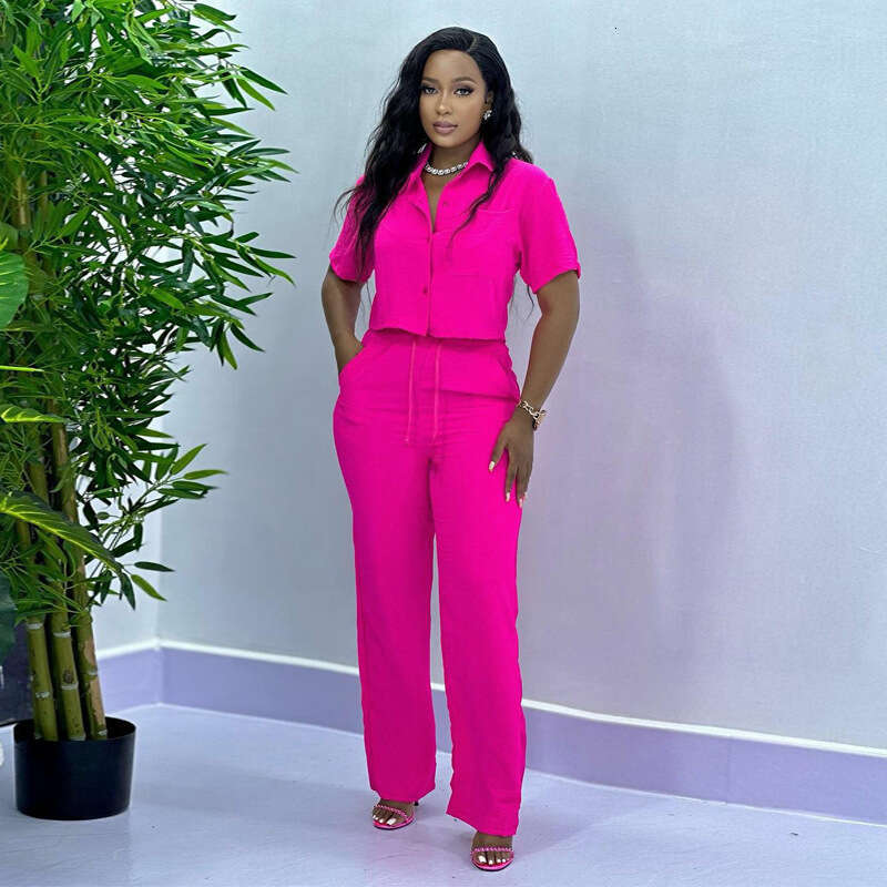 Women's Summer Solid Color Casual Plus Size Short Sleeve Shirt And Long Pants Two-Piece Set B5