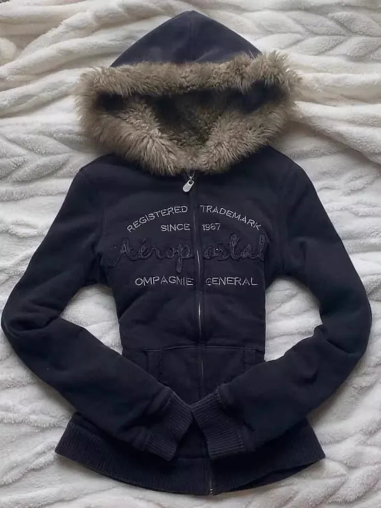 Vintage Fur Patchwork Hoodies Autumn Winter Grunge Zipper Hooded Coats Slim Fashion Y2K Letter Print Sweatshirt Jackets 250729