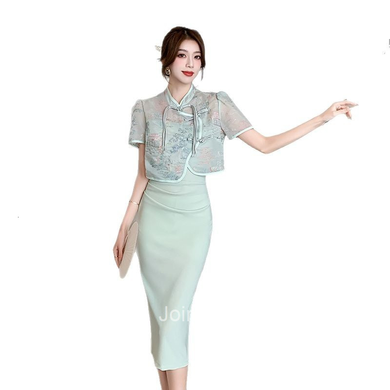 Summer New Style National Style Buttoned Cheongsam Heavy Embroidery Blouse Strap Short Sleeve Top Dress Two-Piece Set for Women