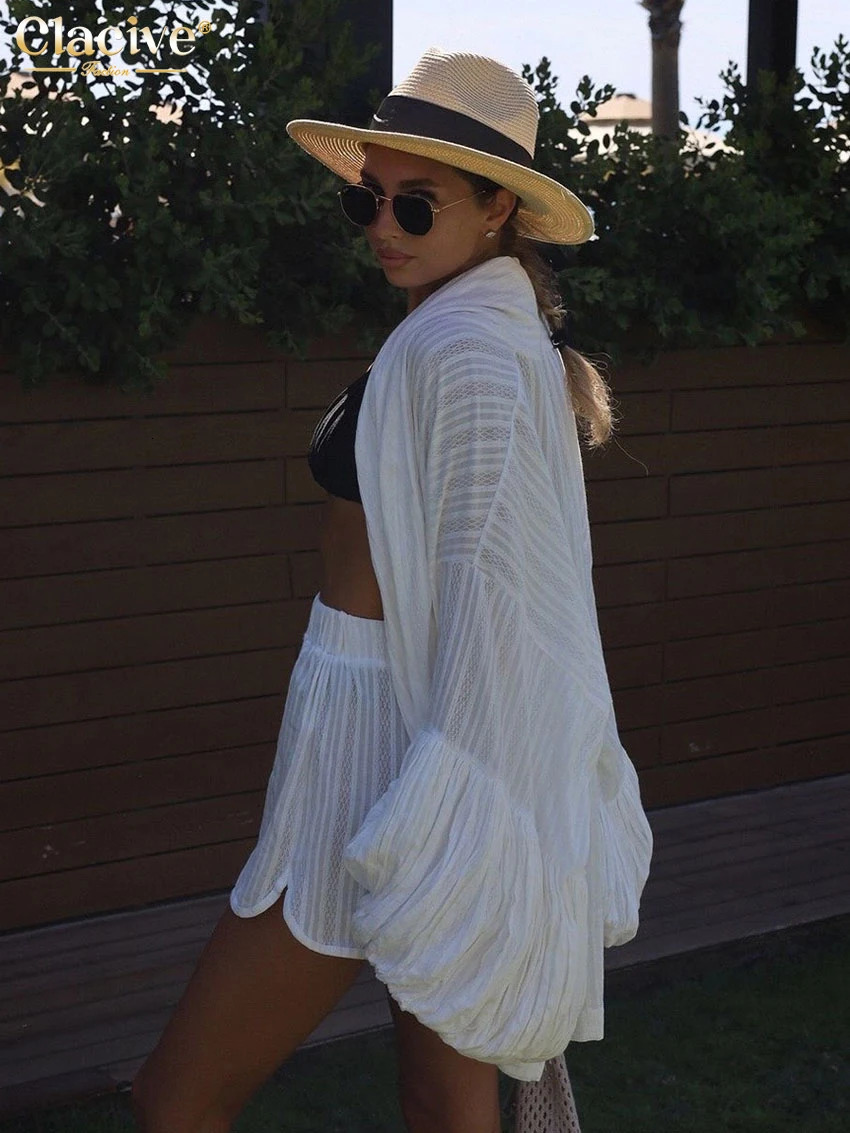 Elegant Puff Sleeve Dresses with High Waist Shorts Set for Women Clacive Fashion Loose White Cotton Sets 250729