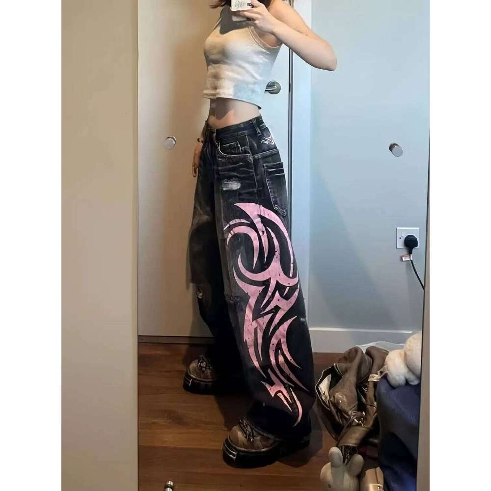 Designer Clothing 2025 Y2k American Vintage Mottled Totem Print Baggy High Waist Wide Leg Women's Haruku Trendy Hip-Hop Jeans